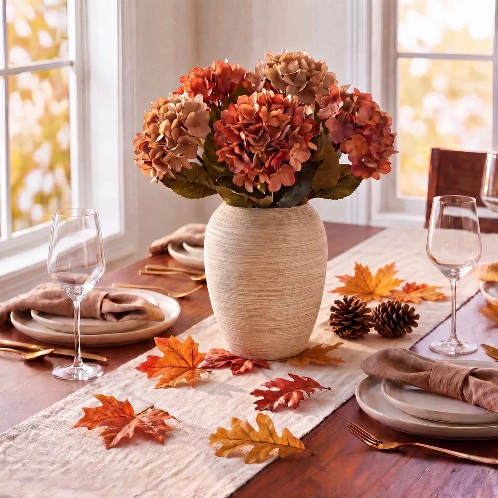 My Texas House Fall Faux Hydrangea Floral Arrangement in Ceramic Vase
